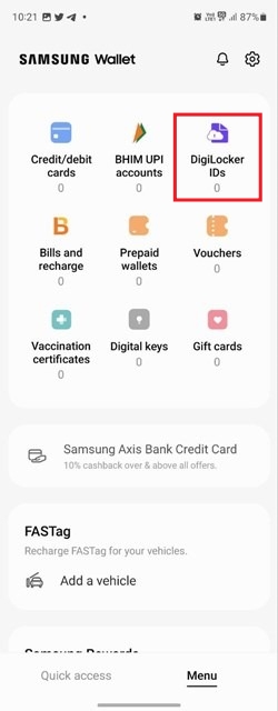 Selecting DigiLocker IDs option in Samsung Wallet app.