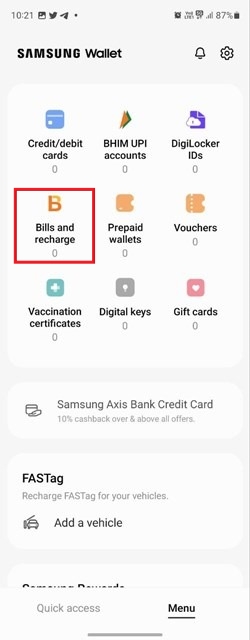 Tapping the "Bill and recharge" option in Samsung Wallet app.