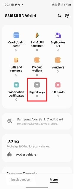 Tapping "Digital keys" option in Samsung Wallet app.