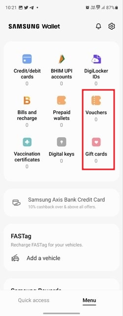 "Vouchers" and "Gift cards" options in Samsung Wallet app.