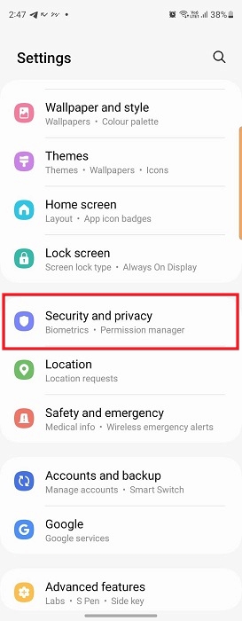 Clicking on "Security and Privacy" option in Settings on Samsung Galaxy phone.