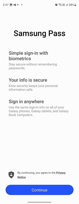 Setting up Samsung Pass using Samsung account credentials.