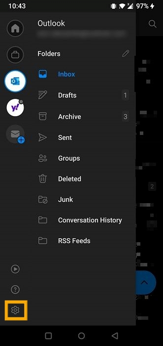 Tap on "Settings" icon in Outlook app for Android.