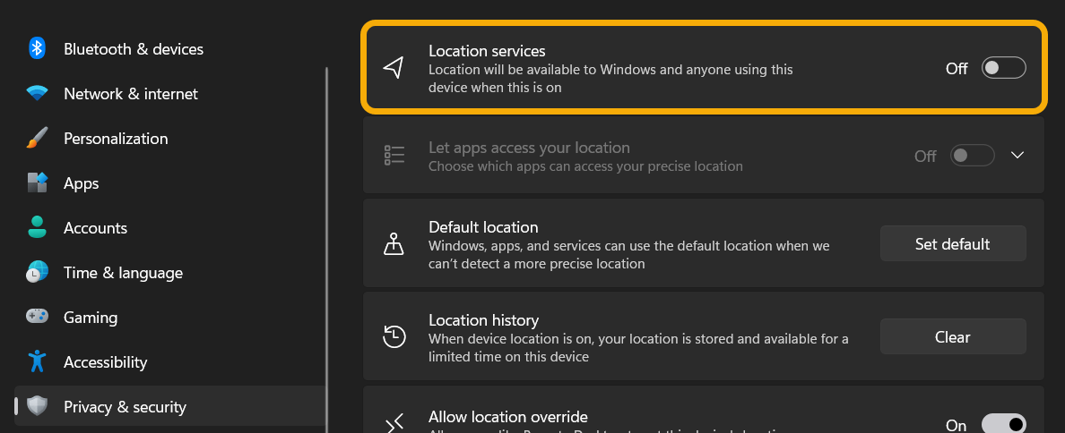 Turning "Location services" off in Windows Settings. 