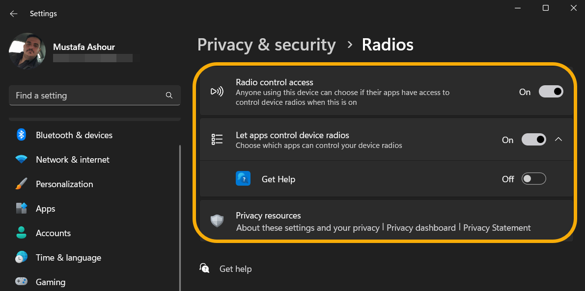Disable "Radio control access" feature from Windows Settings. 