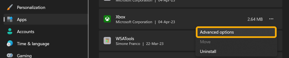 Clicking on "Advanced options" under Apps in Windows Settings. 