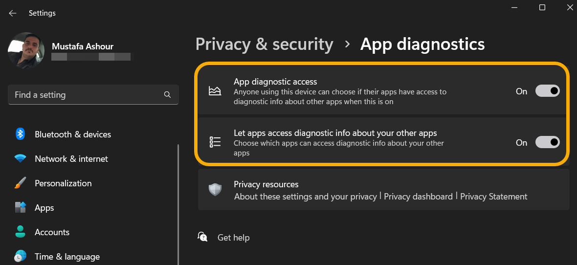 App diagnostic privacy features in Windows Settings. 