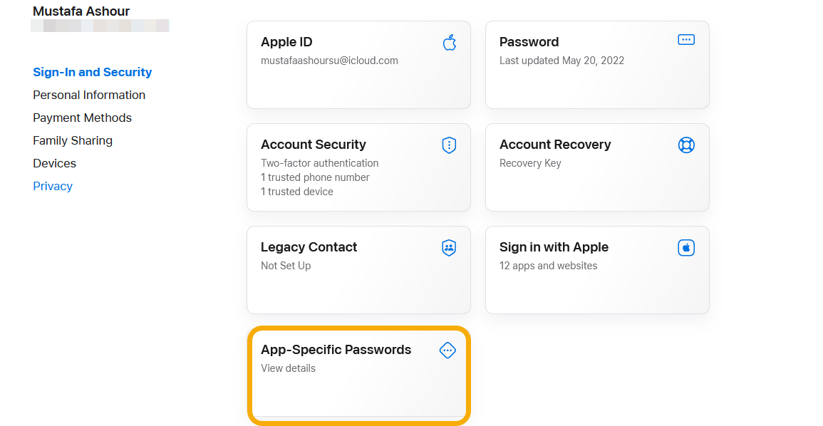 Clicking on "App-Specific Passwords" option after signing in with Apple ID on the web.