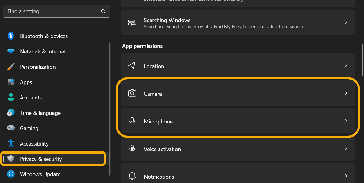 Accessing "Camera" and "Microphone" settings from Windows Settings. 