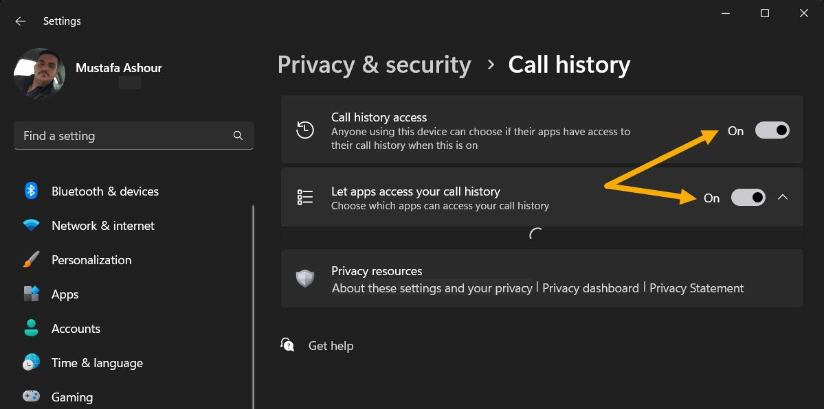 Enabling "Call history access" from Widows Settings.