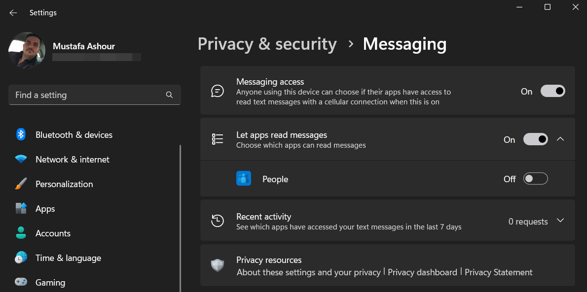 Enabling privacy settings for Messages in Windows Settings. 