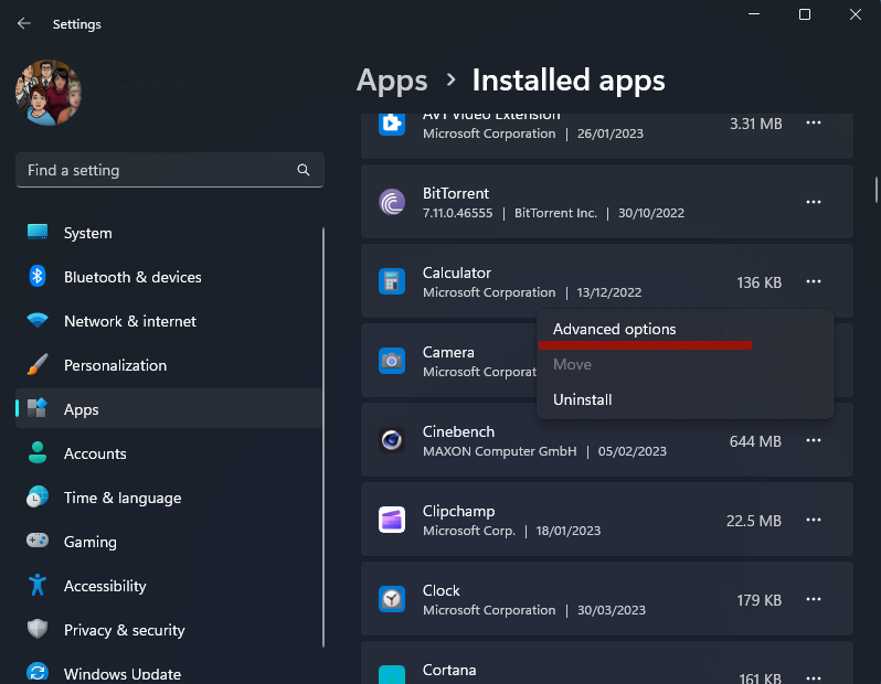 Selecting "Advanced options" from app menu in "Installed apps."