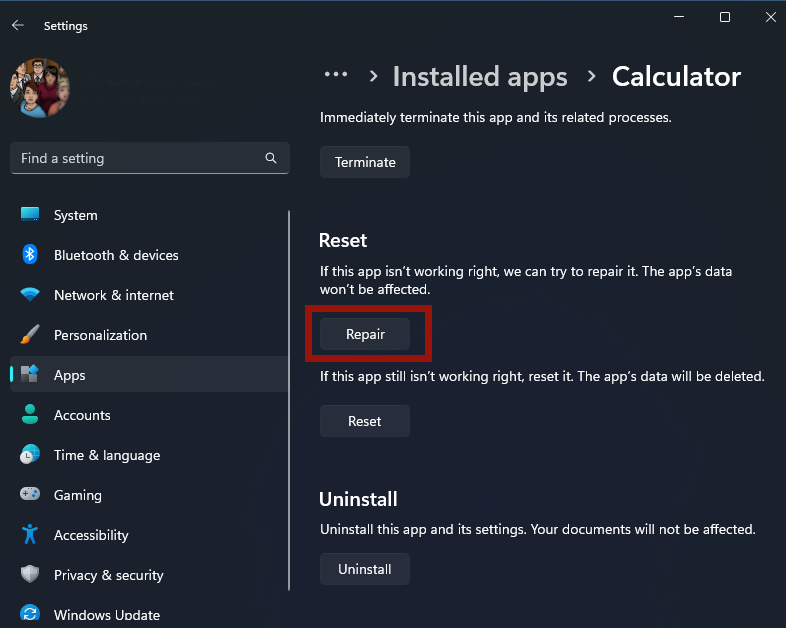 Select "Repair" under the "Reset" option under Installed Apps.