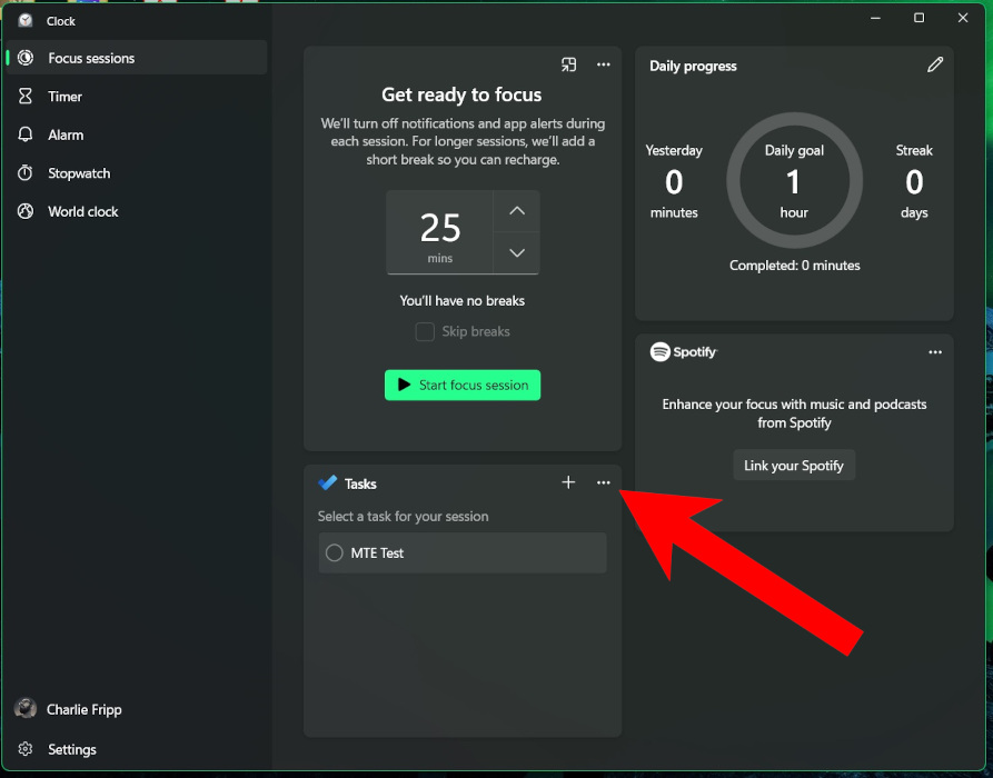 View of Tasks with three-dot menu visible in Clock app.
