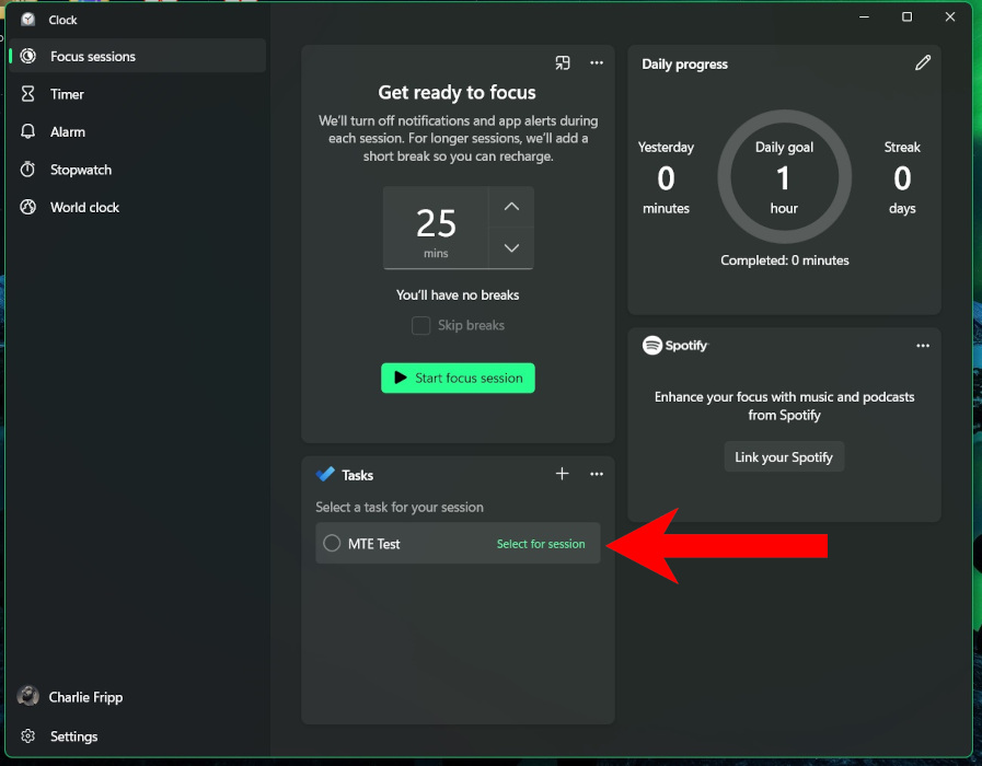 Clicking on "Select for session" option to activate Microsoft To Do tasks for Focus session.