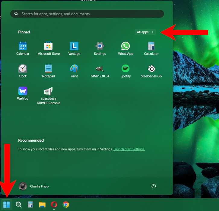 Clicking on "All apps" from Start menu in Windows.
