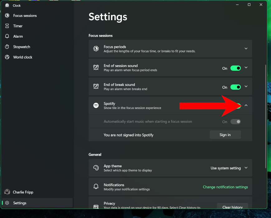 Clicking on Spotify under "Focus sessions" to expand options.