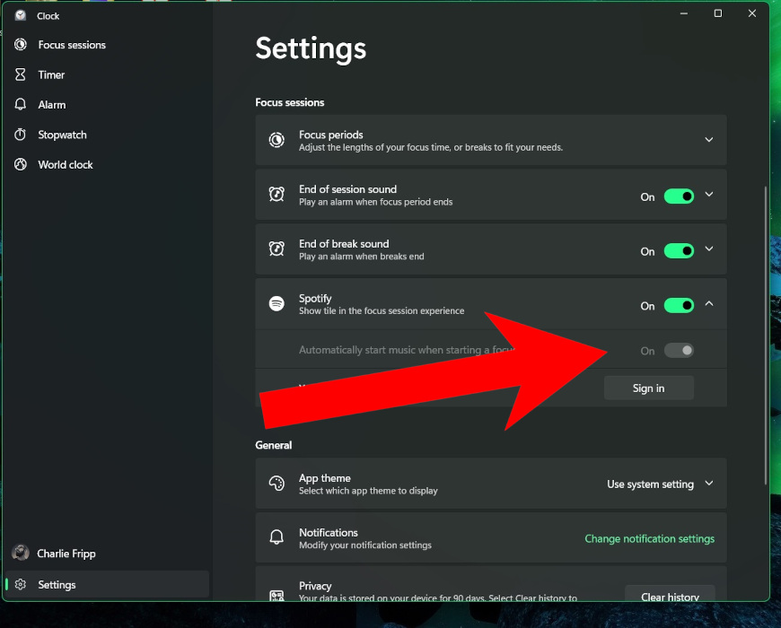 Toggling Spotify slider on to start playing music.