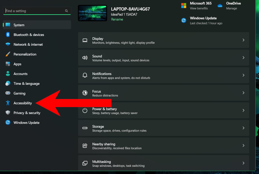 Navigating to "Accessibility" from Windows Settings.