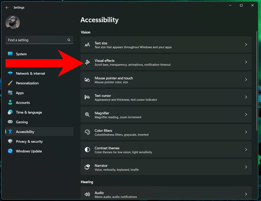 Clicking on "Visual effects" option under Accessibility in Settings.