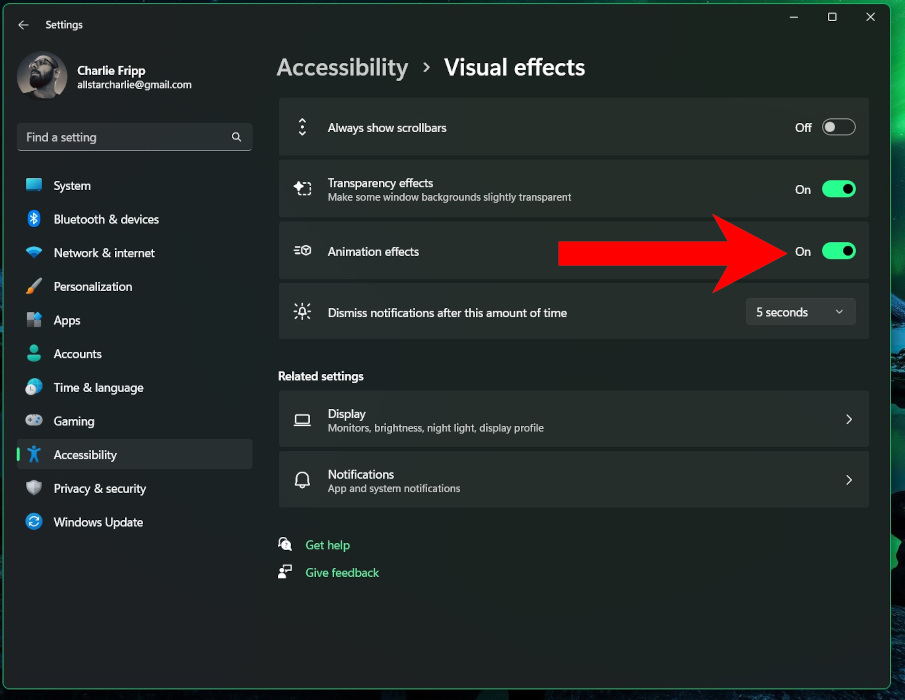 Disabling "Animation effects" option in Windows Settings.
