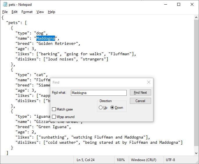Notepad Searching For Maddogna In Json File