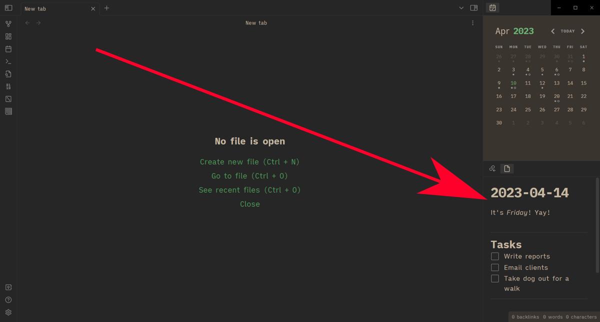 Obsidian Arrow Pointing At Obsidian Note On Right Side Tray