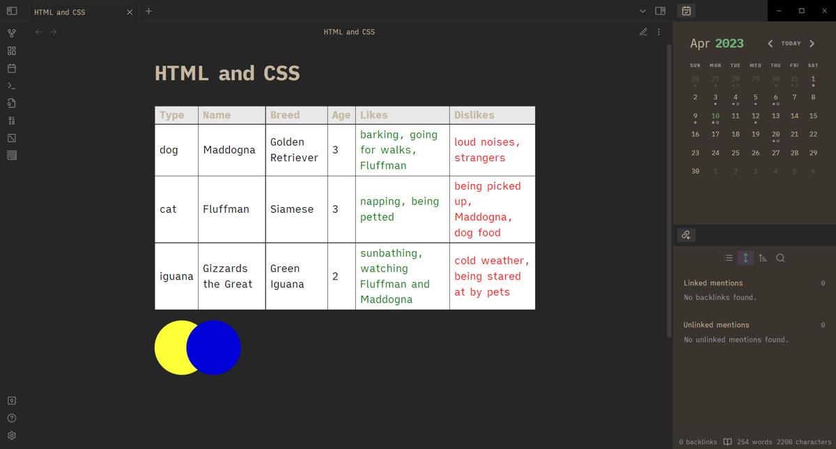 Obsidian Table And Logo Designed With Html And Inline Css