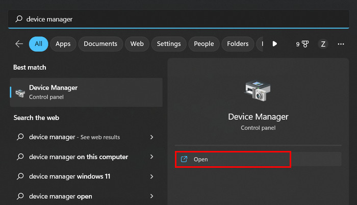 Opening the Device Manager in Windows Search.