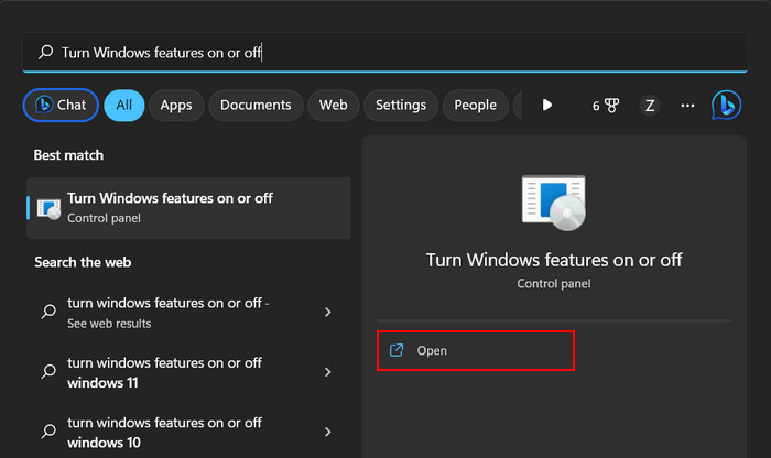 Typing "Turn Windows features on and off" in Windows Search. 