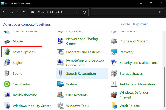 Opting for "Power Options" in Control Panel. 