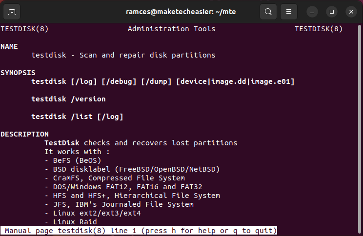 A window showing the man page for Testdisk.
