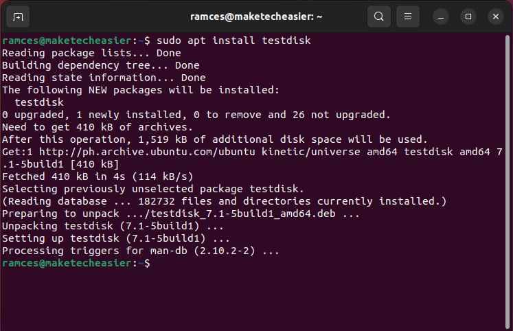 A window showing the Testdisk installation.