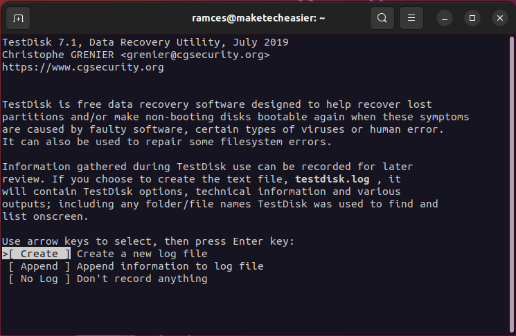 A window showing the Testdisk menu.