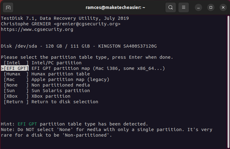 A window showing all the available partition types.