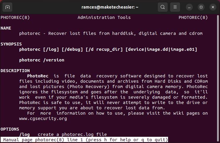 A screenshot showing the man page for Photorec.