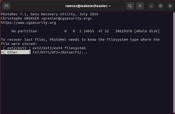 A screenshot showing the available filesystems for Photorec.