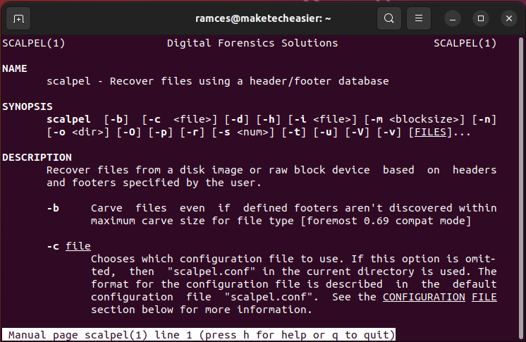 A screenshot showing the Scalpel man page.
