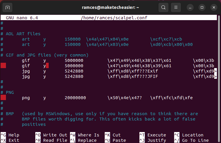 A screenshot showing the available filters for scalpel.