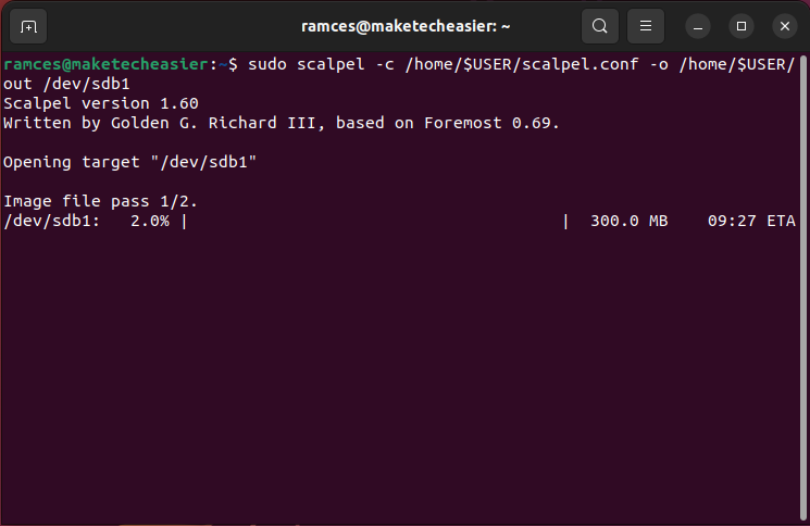 A screenshot showing the recovery process for scalpel.