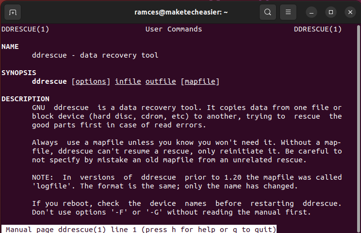 A screenshot showing the ddrescue man page.