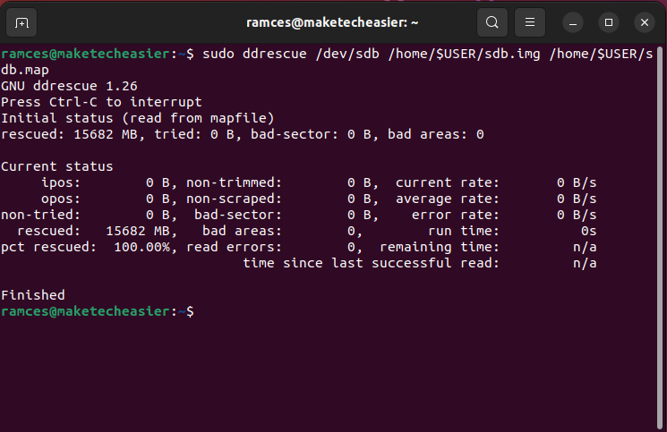 A screenshot showing the ddrescure restore process.