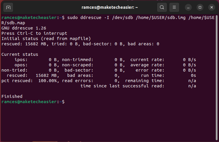 A screenshot showing the filesystem check in ddrescue.