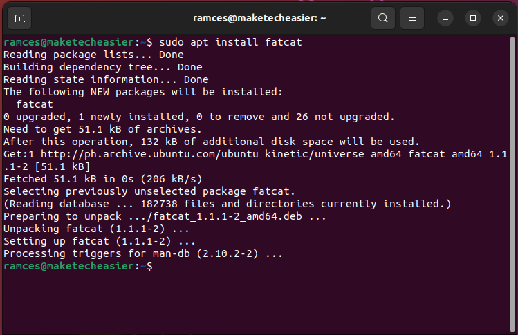 A screenshot showing the install process for fatcat.
