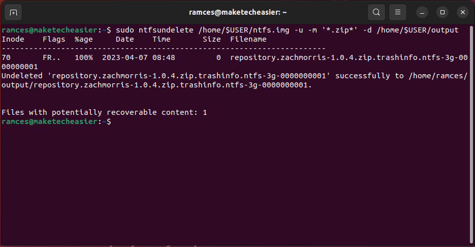 A screenshot showing the extraction process for ntfsundelete.