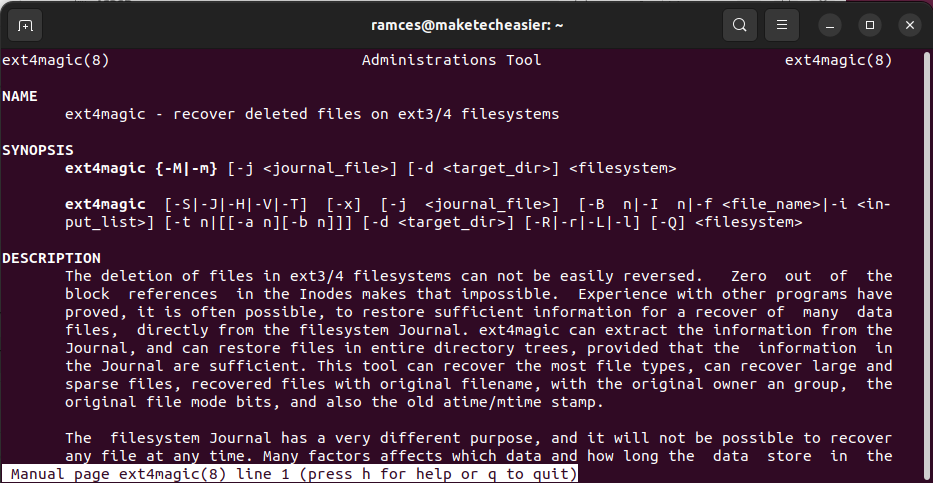 A screenshot showing the man page for ext4magic.