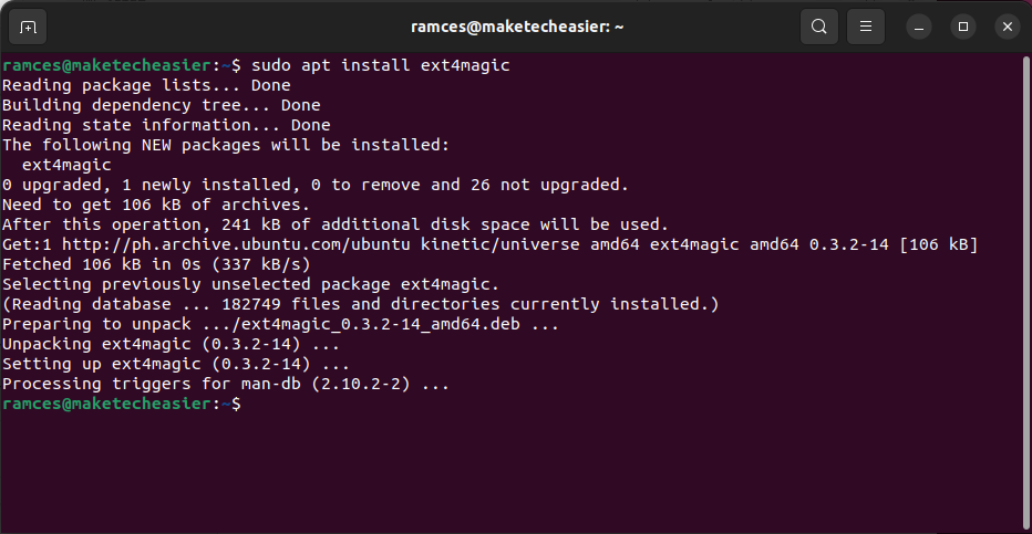A screenshot showing the install process for ext4magic.