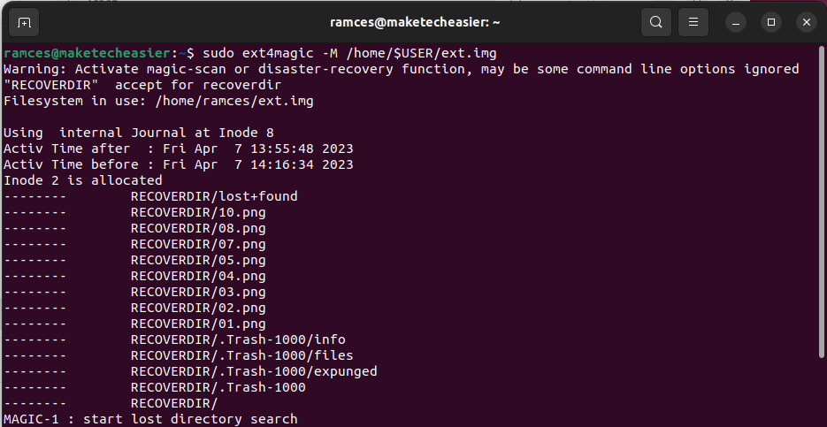 A screenshot showing the extraction process for ext4magic.