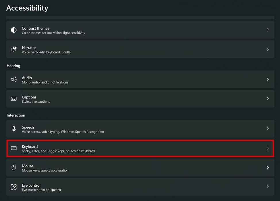 Clicking on "Keyboard" in Accessibility in Windows Settings. 