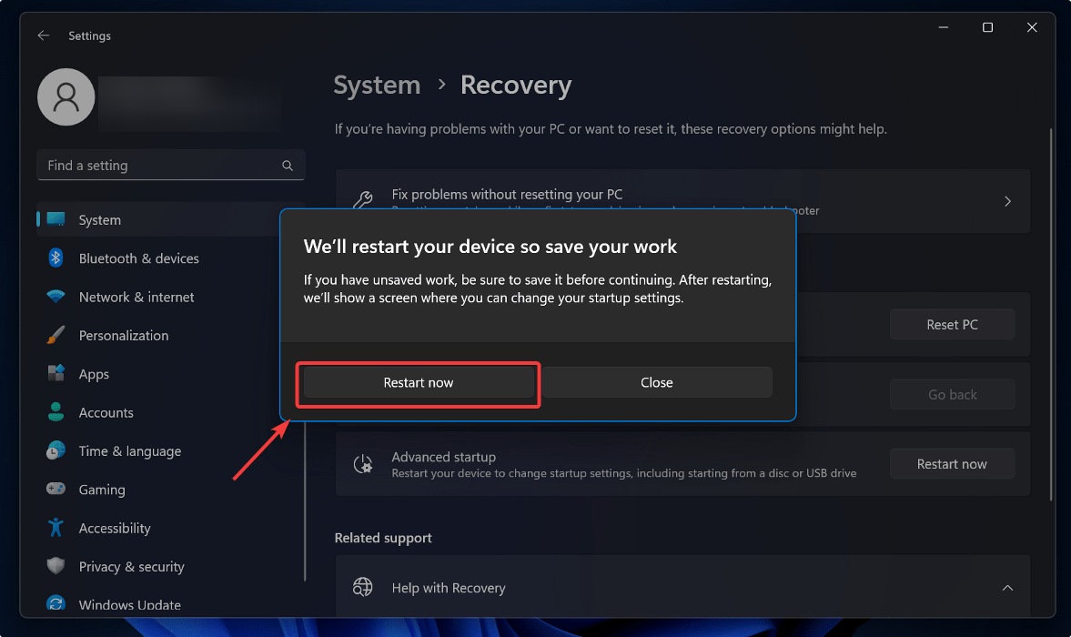 Accessing "Recovery" options from Windows Settings. 